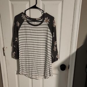 Striped White Raglan Top with Gray Floral 3/4 Sleeves